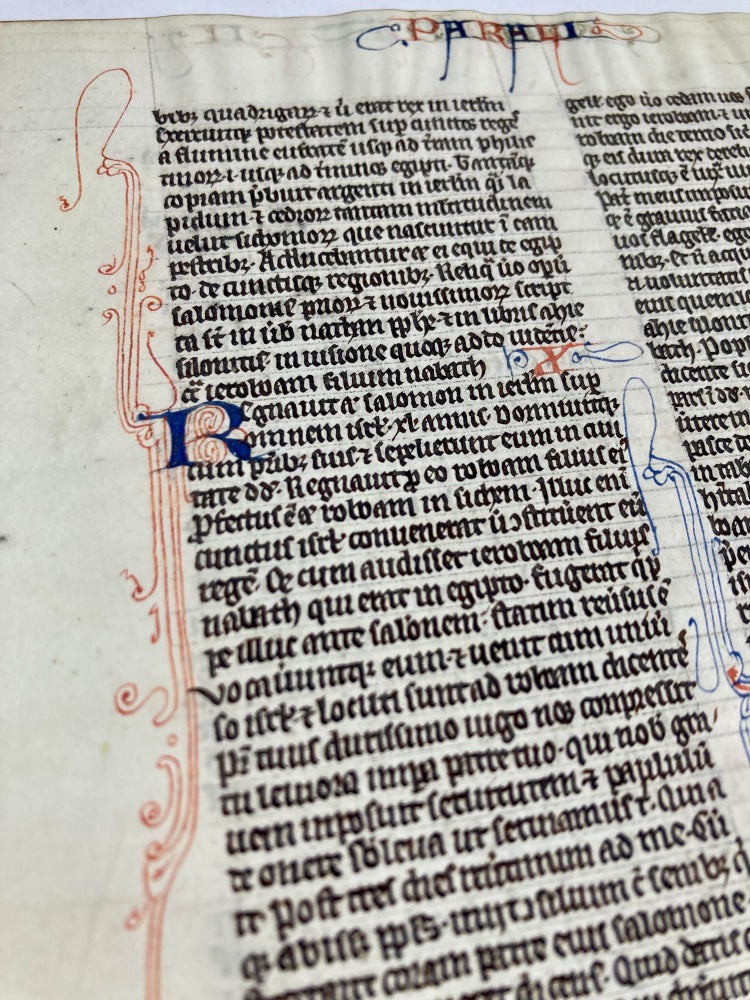 Item #2675 ILLUMINATED LEAF from a 13th Century Latin Bible: 2 Chronicles 8:13b - 11:12a. English Scribe.
